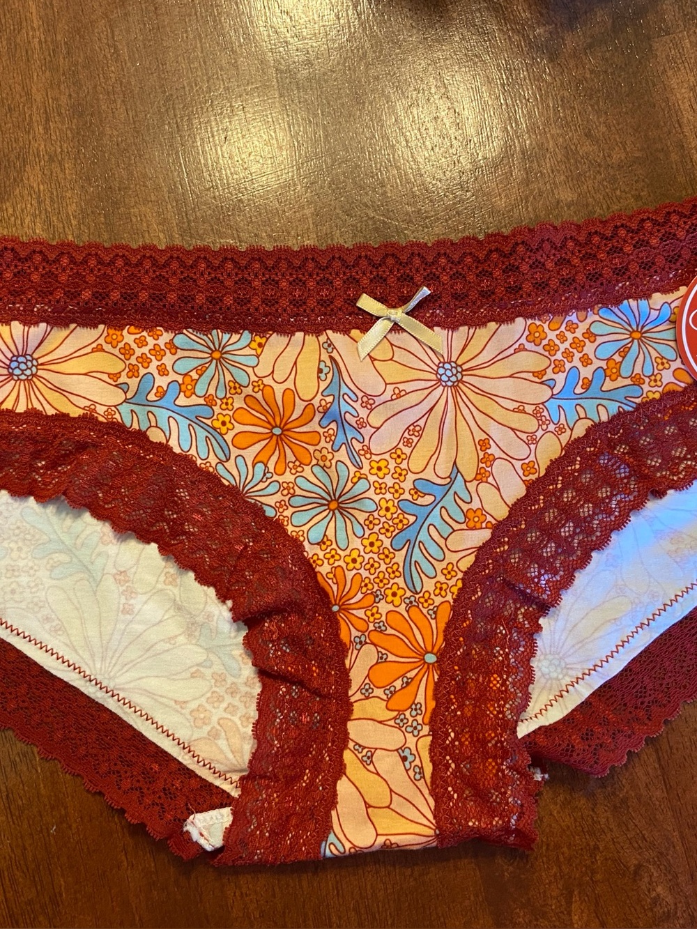 Floral Lace-Trim Bikini Briefs in Orange and Burgundy